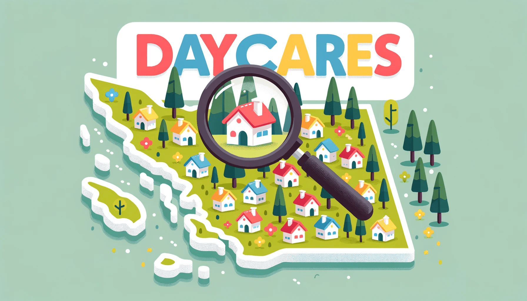 Illustration of a map of British Columbia with cartoon icons of little houses and trees, each house representing a daycare. A magnifying glass hovers over one of the houses. The word 'Daycares' is displayed in large, colorful letters at the top.