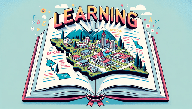 Illustration of an open book with pages transforming into a map of British Columbia. On the map, school and daycare buildings are depicted, along with snippets of articles about them. The title "Learning in BC" floats above in vibrant letters.