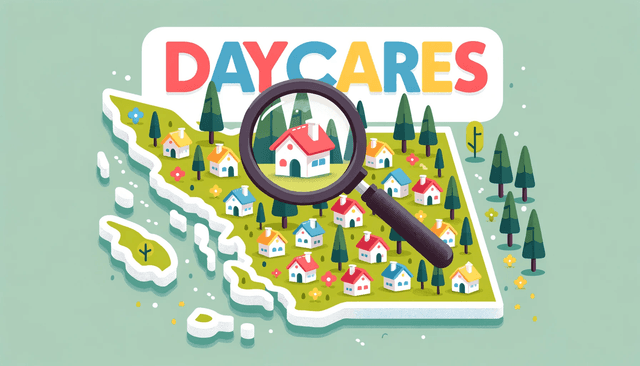 Illustration of a map of British Columbia with cartoon icons of little houses and trees, each house representing a daycare. A magnifying glass hovers over one of the houses. The word "Daycares" is displayed in large, colorful letters at the top.