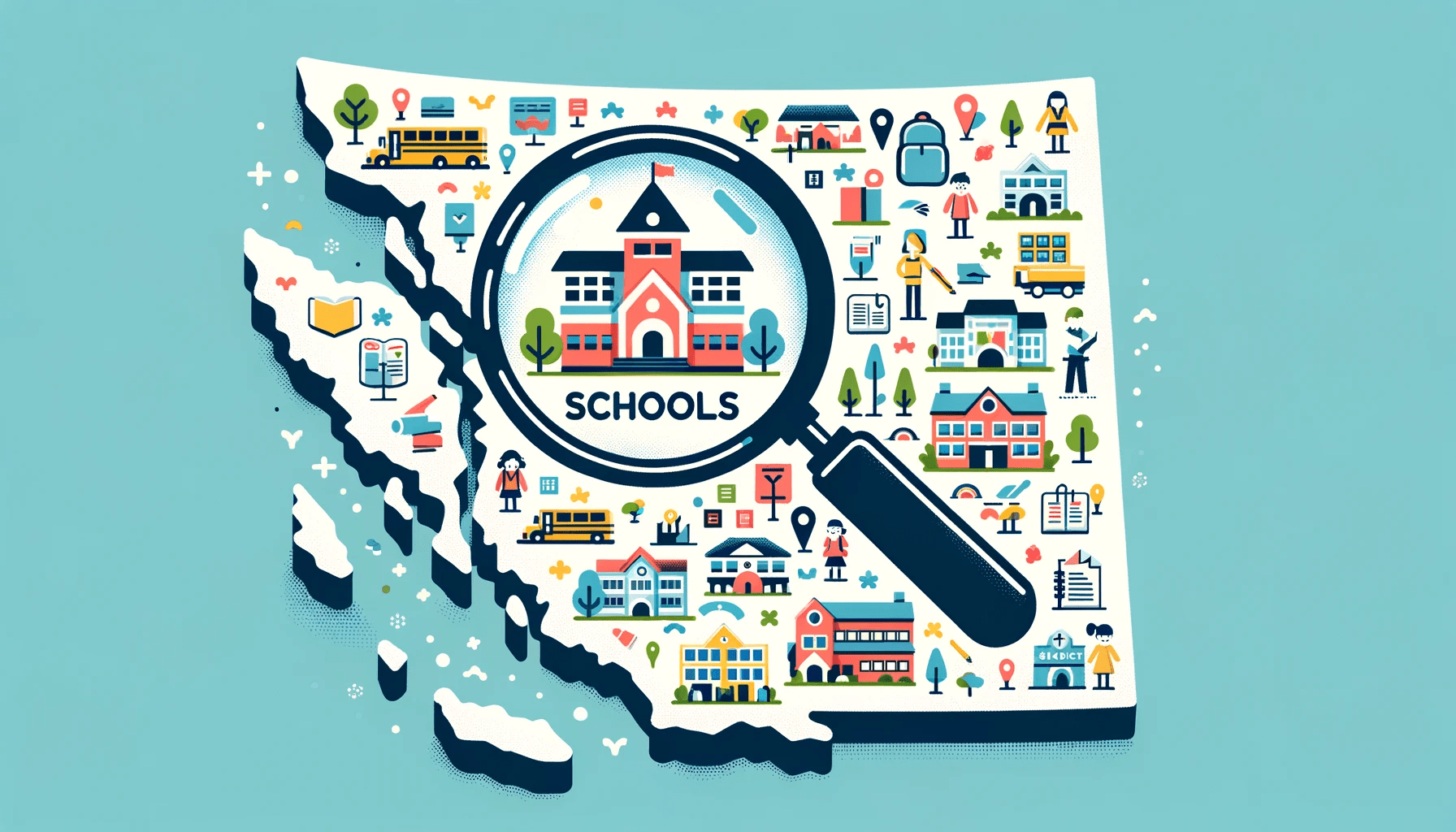 Illustration of a map of British Columbia filled with small icons of school buildings, students with backpacks, and teachers. Above the map, there's a magnifying glass with the word 'Schools' inside.